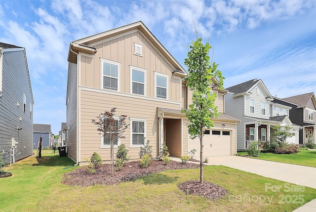 13140 Sudwick Ln, Charlotte, NC 28278 - view of front of home with concrete driveway, board and batten siding, a front lawn, and a garage