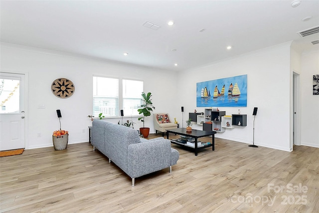 13140 Sudwick Ln, Charlotte, NC 28278 - living area featuring ornamental molding, light wood-style floors, recessed lighting, and baseboards