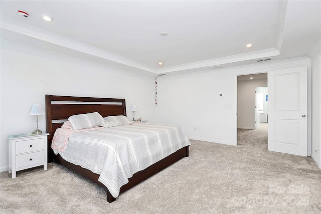 13140 Sudwick Ln, Charlotte, NC 28278 - bedroom featuring a raised ceiling, light carpet, baseboards, recessed lighting, and crown molding