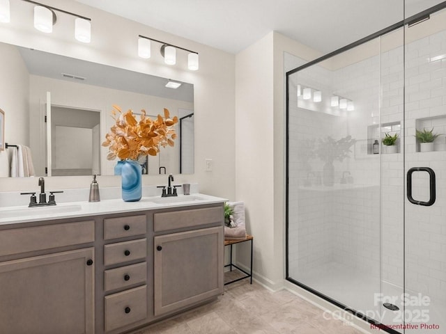 12016 Basking Dr, Charlotte, NC 28214 - full bath featuring double vanity, a shower stall, and baseboards