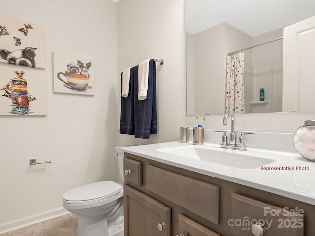 12016 Basking Dr, Charlotte, NC 28214 - full bathroom with vanity, toilet, baseboards, curtained shower, and tile patterned floors