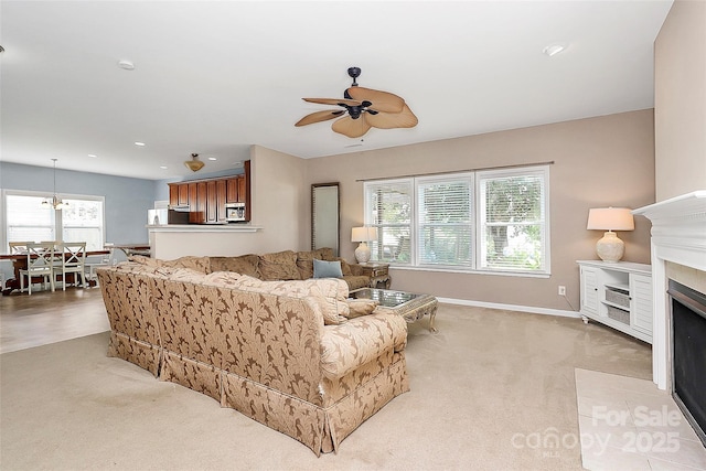 1817 Tradd Ave, Clover, SC 29710 - living area featuring ceiling fan, light carpet, a fireplace with flush hearth, recessed lighting, and baseboards