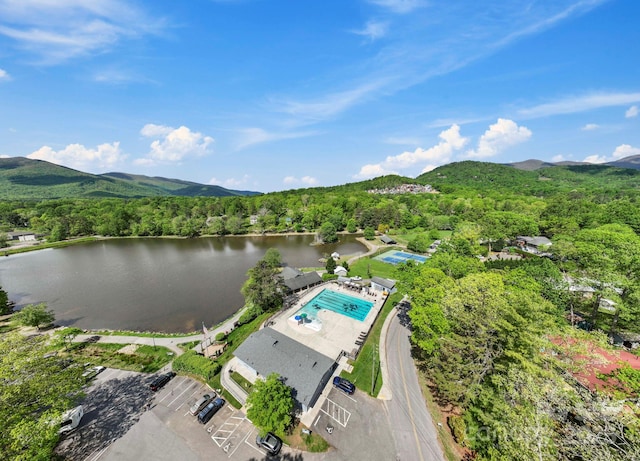 220 W College St, Black Mountain, NC 28711 - drone / aerial view of a heavily wooded area, a pool, and a water and mountain view