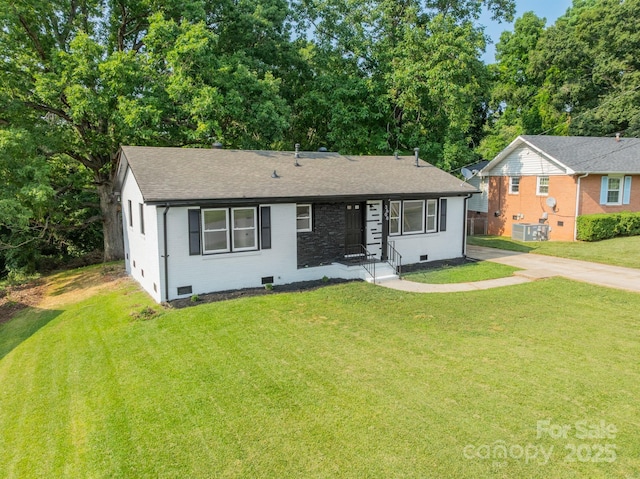 3608 Crestridge Dr, Charlotte, NC 28217 - view of front of house featuring crawl space, a front yard, central AC unit, and a shingled roof