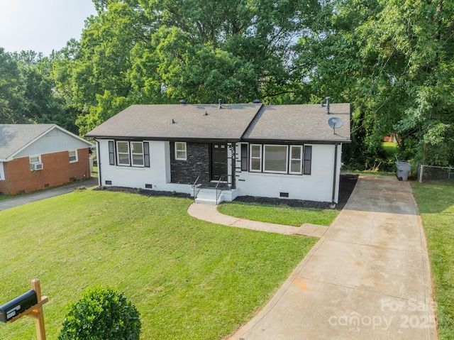 3608 Crestridge Dr, Charlotte, NC 28217 - view of front of house with crawl space, driveway, roof with shingles, and a front yard