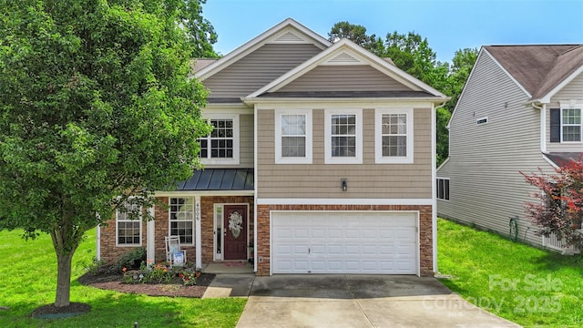 4006 Centerview Dr, Indian Trail, NC 28079 - traditional-style home featuring driveway, a garage, a front lawn, and a standing seam roof