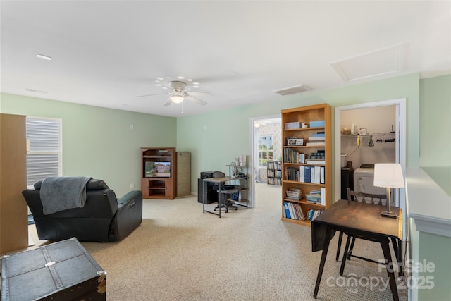 4006 Centerview Dr, Indian Trail, NC 28079 - carpeted living area featuring attic access and a ceiling fan