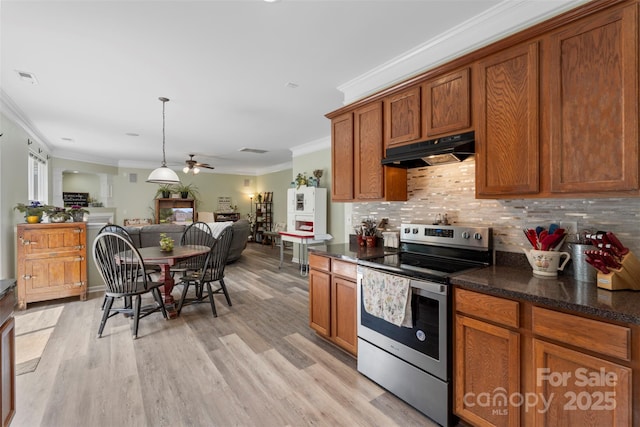 4006 Centerview Dr, Indian Trail, NC 28079 - kitchen with stainless steel electric stove, under cabinet range hood, ornamental molding, open floor plan, and light wood-style flooring