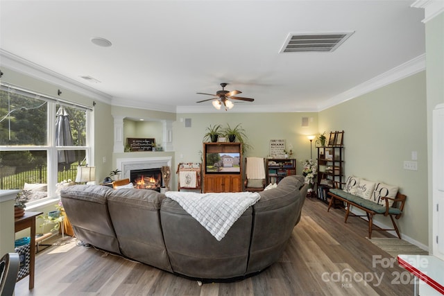 4006 Centerview Dr, Indian Trail, NC 28079 - living area with ceiling fan, ornamental molding, wood finished floors, a glass covered fireplace, and baseboards