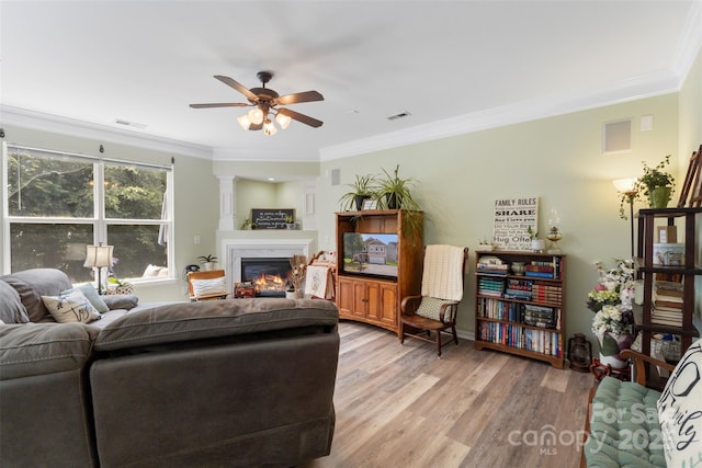 4006 Centerview Dr, Indian Trail, NC 28079 - living area with crown molding, ceiling fan, light wood-style floors, and a warm lit fireplace