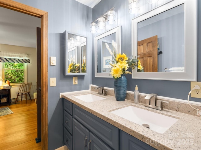 2981 Heath Peak Rd, Waynesville, NC 28785 - bathroom featuring double vanity and wood finished floors