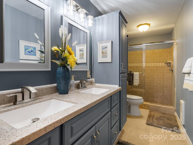 2981 Heath Peak Rd, Waynesville, NC 28785 - bathroom with tile patterned flooring, double vanity, and a shower stall