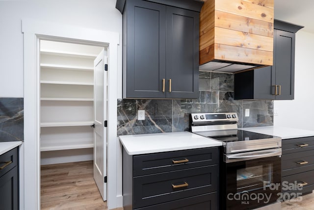 1524 Enochville Rd, Kannapolis, NC 28081 - kitchen featuring stainless steel electric range, light wood-style floors, light countertops, decorative backsplash, and custom exhaust hood
