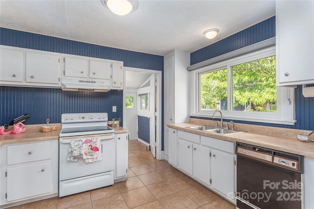 10 Poplar St, Waynesville, NC 28786 - kitchen with white range with electric stovetop, dishwasher, under cabinet range hood, a sink, and light countertops