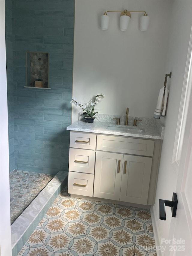 5840 Charing Pl, Charlotte, NC 28211 - full bathroom featuring tiled shower, tile patterned flooring, and vanity