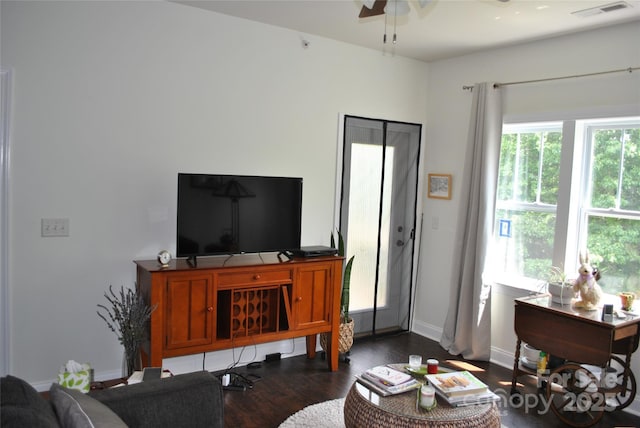 20 Foxden Dr Unit 203, Fletcher, NC 28732 - living area featuring ceiling fan, dark wood-type flooring, and baseboards