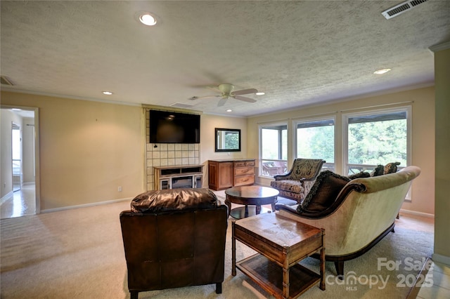 41 Balsam Shadows Rd, Maggie Valley, NC 28751 - living room featuring a ceiling fan, baseboards, light colored carpet, a large fireplace, and recessed lighting