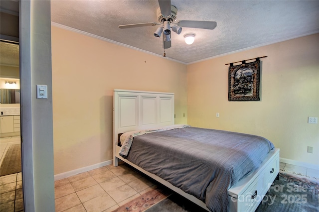 41 Balsam Shadows Rd, Maggie Valley, NC 28751 - bedroom with a textured ceiling, baseboards, ornamental molding, light tile patterned floors, and a ceiling fan