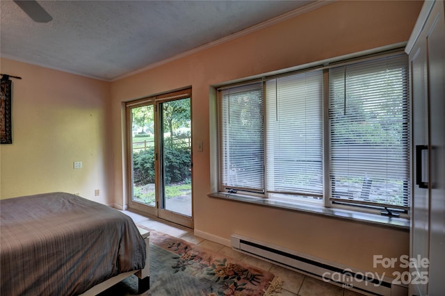 41 Balsam Shadows Rd, Maggie Valley, NC 28751 - tiled bedroom featuring baseboard heating, access to exterior, ornamental molding, baseboards, and ceiling fan