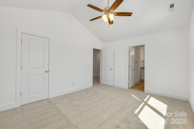 81 Kirk St, Salisbury, NC 28144 - unfurnished bedroom with lofted ceiling, carpet flooring, baseboards, ensuite bath, and ceiling fan