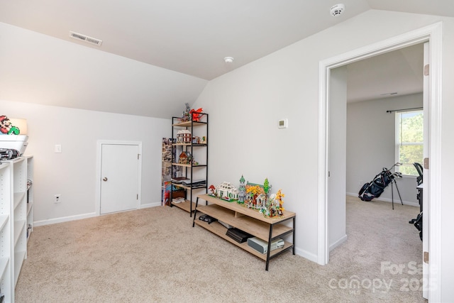 218 Canina Ln, Indian Trail, NC 28079 - rec room featuring light carpet, vaulted ceiling, and baseboards