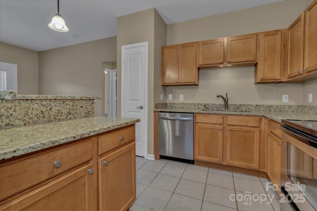 234 Brickton Village Cir Unit 201, Fletcher, NC 28732 - kitchen with stainless steel appliances, light tile patterned floors, light stone countertops, and decorative light fixtures