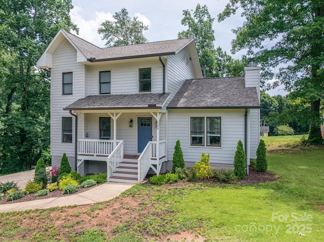 1256 Canseco Ln, Hickory, NC 28602 - view of front facade with a porch, a chimney, a front yard, and roof with shingles