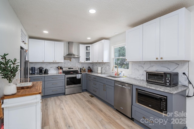 1256 Canseco Ln, Hickory, NC 28602 - kitchen featuring appliances with stainless steel finishes, wall chimney range hood, wooden counters, light wood-style floors, and backsplash