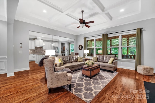 1600 Buckland Ct, Indian Land, SC 29707 - living room featuring a ceiling fan, coffered ceiling, wood finished floors, beamed ceiling, and recessed lighting