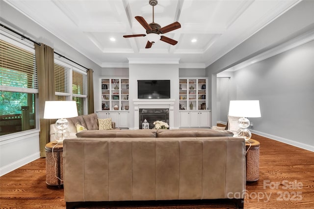 1600 Buckland Ct, Indian Land, SC 29707 - living room with coffered ceiling, a fireplace, a ceiling fan, crown molding, and beam ceiling