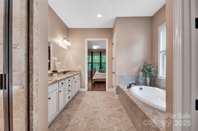 1600 Buckland Ct, Indian Land, SC 29707 - full bathroom with a garden tub, double vanity, ensuite bath, ceiling fan, and tile patterned floors