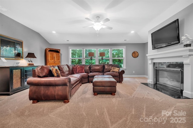 1600 Buckland Ct, Indian Land, SC 29707 - carpeted living room featuring ceiling fan, recessed lighting, and a premium fireplace