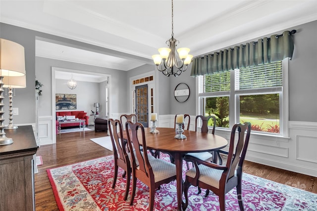 1600 Buckland Ct, Indian Land, SC 29707 - dining room featuring a wainscoted wall, a chandelier, ornamental molding, dark wood-style floors, and a tray ceiling