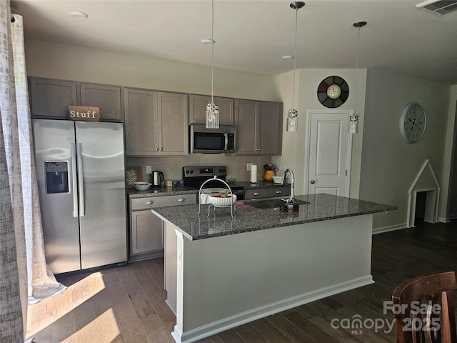 9142 Widden Way, Charlotte, NC 28269 - kitchen with appliances with stainless steel finishes, a sink, dark wood-style floors, backsplash, and an island with sink