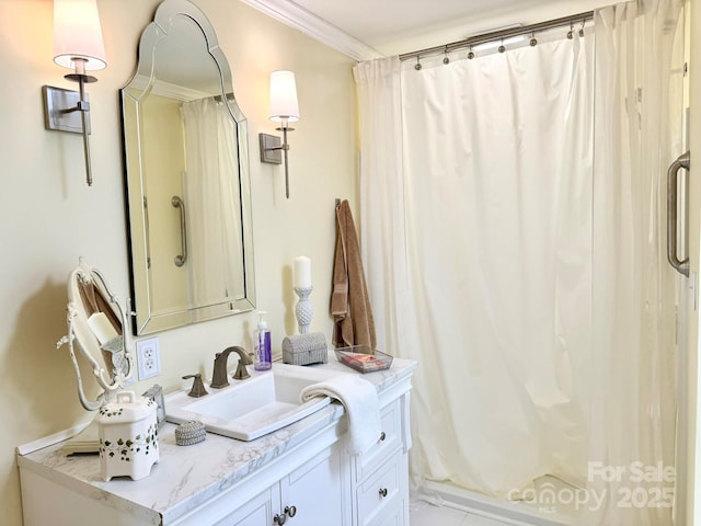 3810 Biggers Rd, York, SC 29745 - bathroom with vanity, a shower with curtain, and ornamental molding