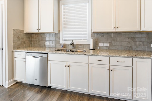 174 Pine Eagle Dr, Rock Hill, SC 29732 - kitchen with stainless steel dishwasher, a sink, white cabinetry, dark wood-type flooring, and tasteful backsplash