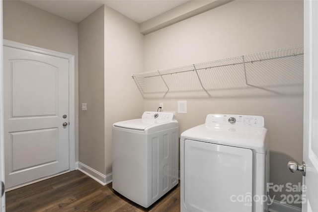 174 Pine Eagle Dr, Rock Hill, SC 29732 - laundry room with washer and clothes dryer, dark wood finished floors, and baseboards