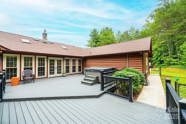 377 Birch Circle Dr, Hudson, NC 28638 - wooden terrace featuring a hot tub and french doors