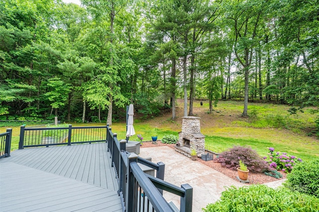 377 Birch Circle Dr, Hudson, NC 28638 - wooden deck featuring an outdoor stone fireplace