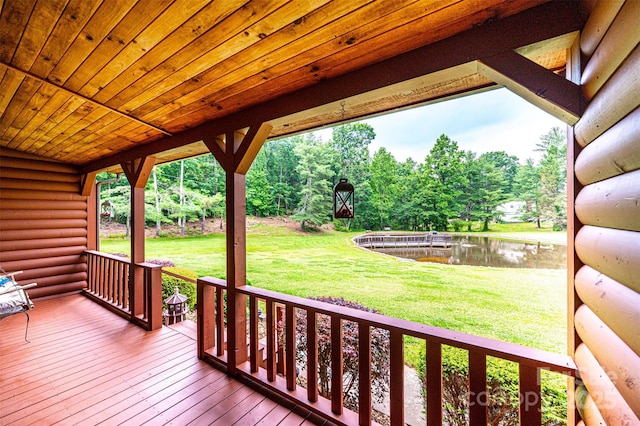 377 Birch Circle Dr, Hudson, NC 28638 - deck featuring a water view, a yard, and view of wooded area