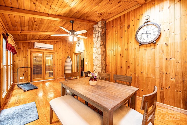 377 Birch Circle Dr, Hudson, NC 28638 - dining room featuring wood walls, a wall mounted AC, wood finished floors, wood ceiling with exposed beams, and ceiling fan