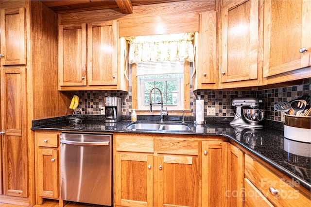377 Birch Circle Dr, Hudson, NC 28638 - kitchen with dishwasher, a sink, decorative backsplash, and brown cabinetry