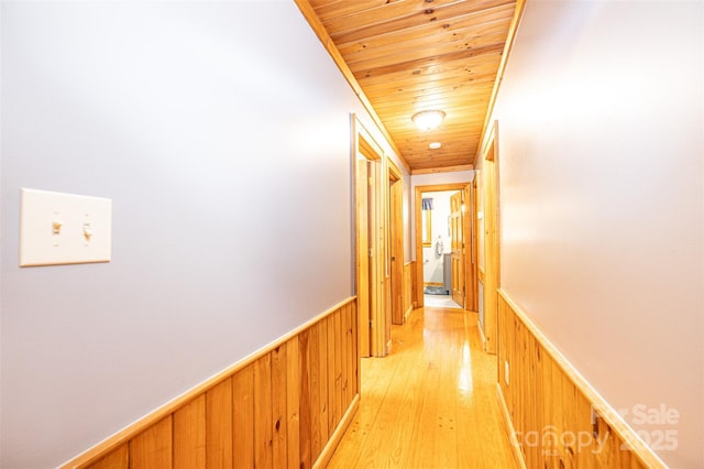 377 Birch Circle Dr, Hudson, NC 28638 - hallway featuring a wainscoted wall, wooden ceiling, wooden walls, and light wood-style floors