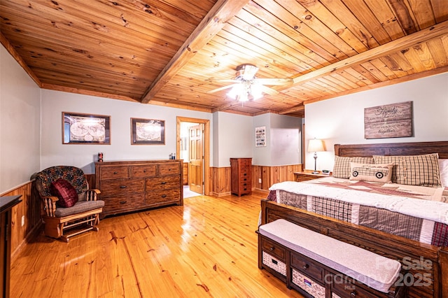 377 Birch Circle Dr, Hudson, NC 28638 - bedroom with wood ceiling with exposed beams, wainscoting, wood walls, light wood-type flooring, and a ceiling fan