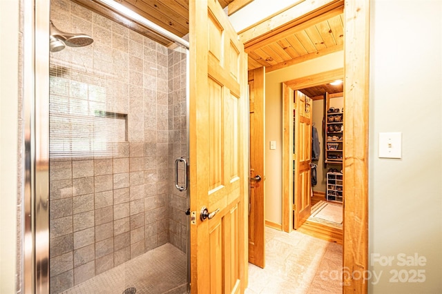 377 Birch Circle Dr, Hudson, NC 28638 - bathroom with a shower stall and wood ceiling