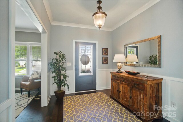 2246 Bluebell Way, Tega Cay, SC 29708 - foyer entrance with wainscoting, crown molding, wood finished floors, and a decorative wall