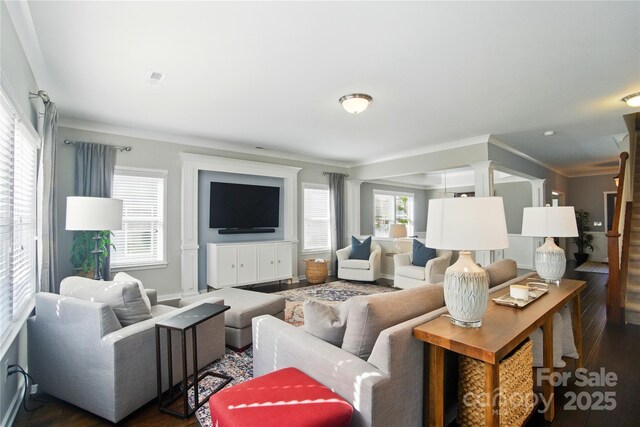 2246 Bluebell Way, Tega Cay, SC 29708 - living room featuring ornamental molding, dark wood finished floors, and baseboards