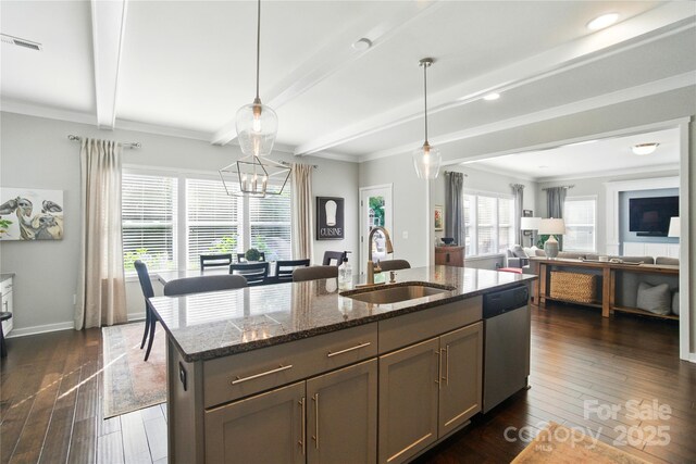 2246 Bluebell Way, Tega Cay, SC 29708 - kitchen with a sink, stainless steel dishwasher, dark stone countertops, beamed ceiling, and dark wood-style flooring