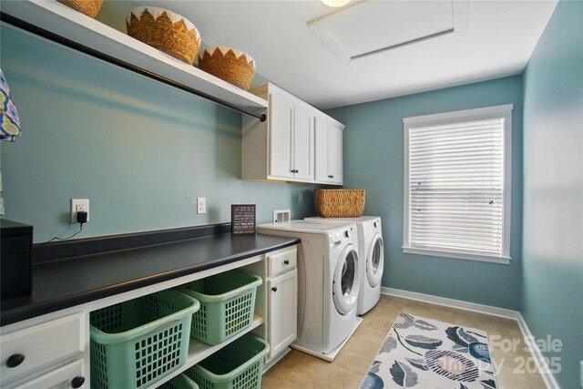2246 Bluebell Way, Tega Cay, SC 29708 - washroom with washing machine and dryer, attic access, cabinet space, light tile patterned flooring, and baseboards