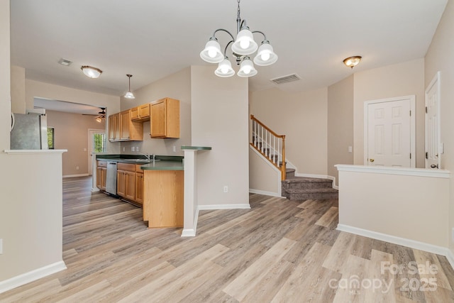 5322 Jocelyn Ln, Charlotte, NC 28269 - kitchen featuring appliances with stainless steel finishes, ceiling fan, light wood-type flooring, a sink, and decorative light fixtures